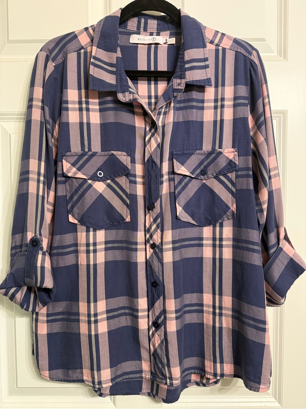 Billy T Navy Pink Plaid Button-Down Shirt Roll-Tab Sleeves Medium Petite